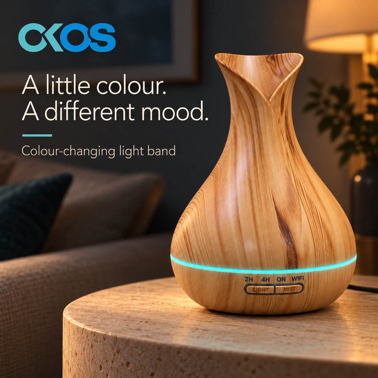 Diffuser colour-changing light band illuminated in an evening setting