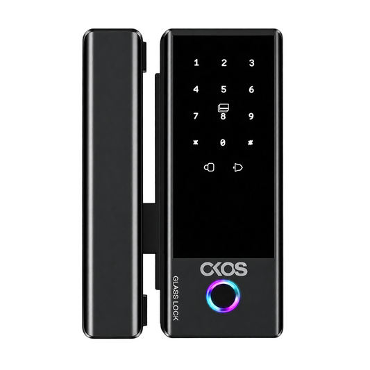 Front view of the black OKOS Wi-Fi glass-door lock and matching receiver on white.