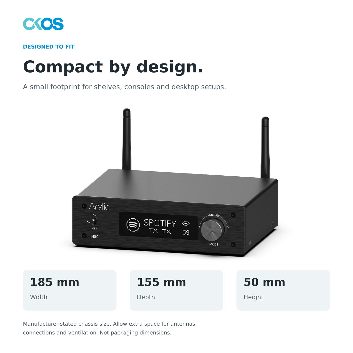 H50 compact chassis with manufacturer-stated 185 × 155 × 50 mm size reference