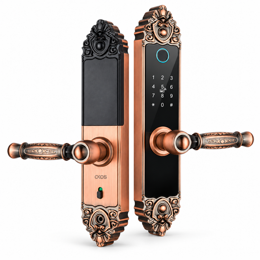 OKOS OKV993-TY antique-copper Mini Villa smart lock, exterior and interior panels with ornate lever handles