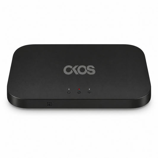 OKOS Smart TV Sync Box front view with microphone and Power, Mode and Wi-Fi indicators