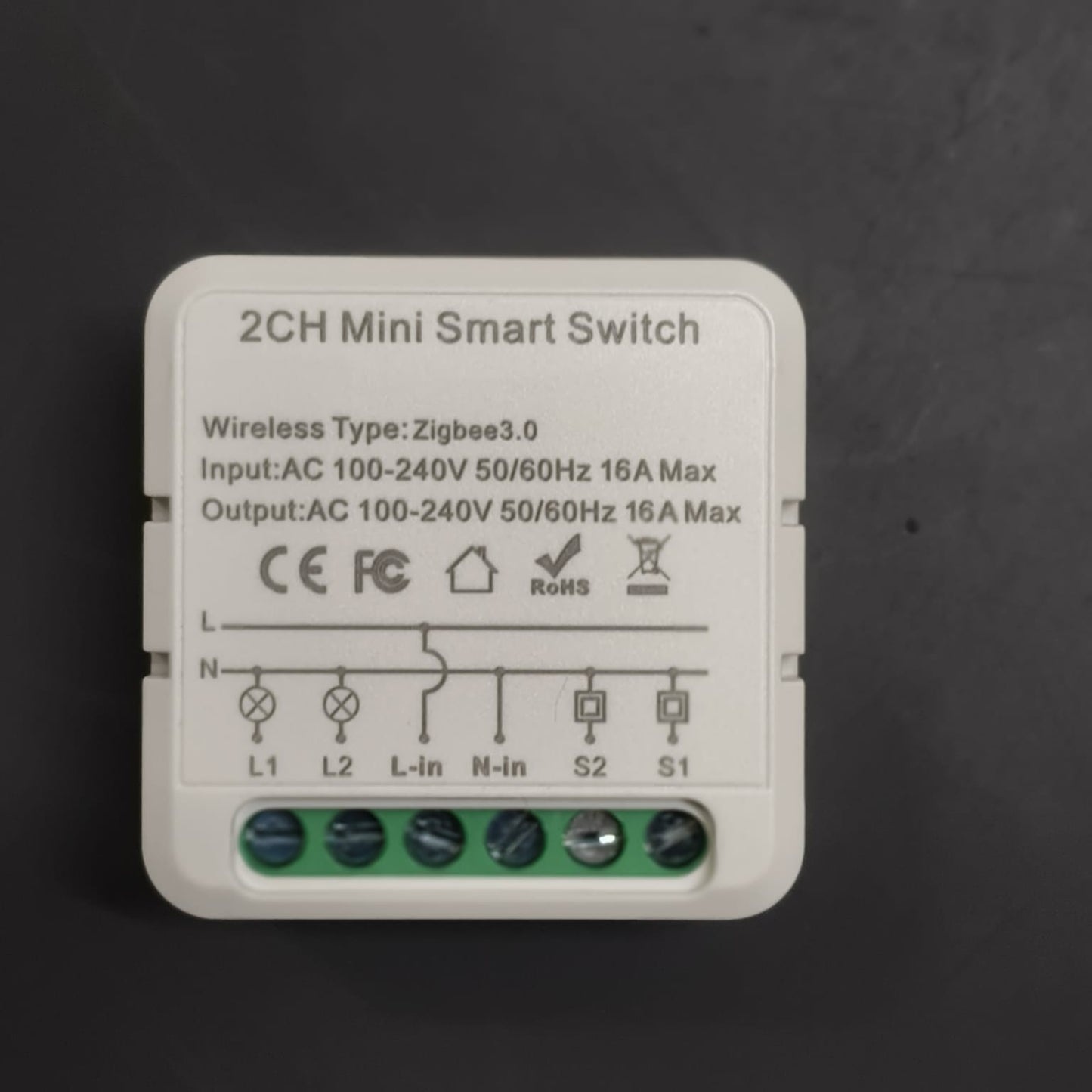 OKOS 2-gang Zigbee smart switch module original product label and terminals