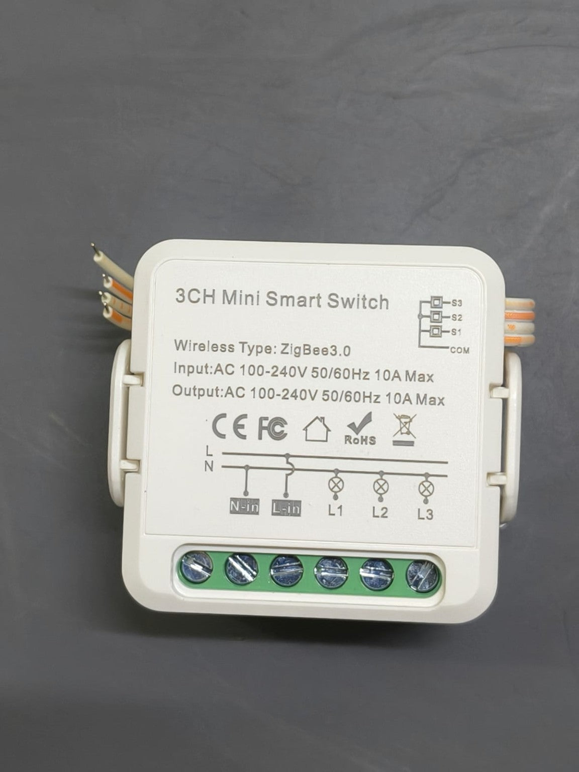 OKOS 3-gang Zigbee smart switch module original product label and terminals