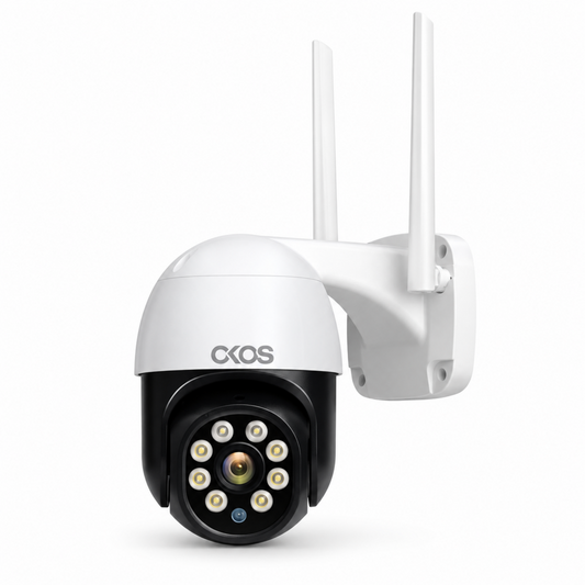Illustration: OKOS Dome 360 Vision camera shown on white, with its source-matched housing and lens arrangement.