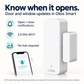 OKOS door and window sensor with illustrative Okos Smart open and close alerts; no separate hub required.