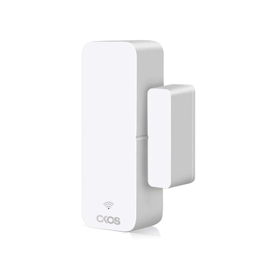 OKOS white two-piece Wi-Fi door and window sensor with matching magnet.
