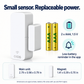 OKOS door sensor with two AAA battery requirement, approximate component dimensions and low-battery reminder.