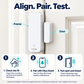 Illustrated door sensor installation showing alignment, Okos Smart pairing and open-close testing.