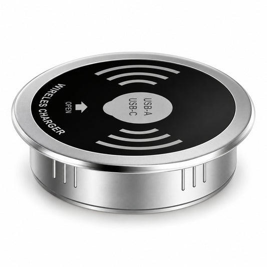 Silver and black OKOS recessed desk wireless charger