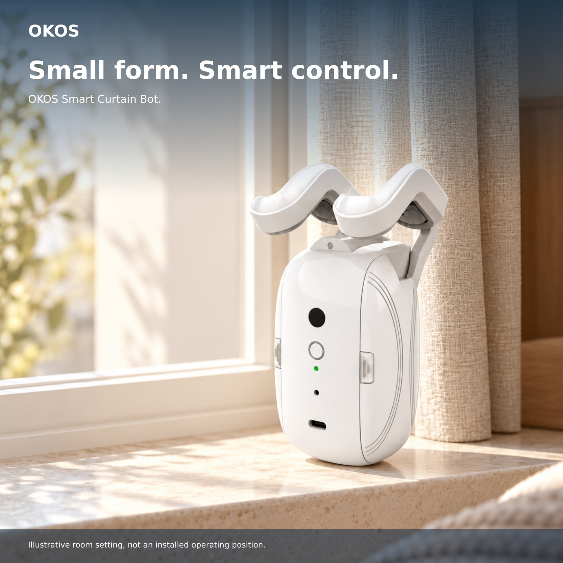 OKOS Smart Curtain Bot — illustrated premium interior installation concept