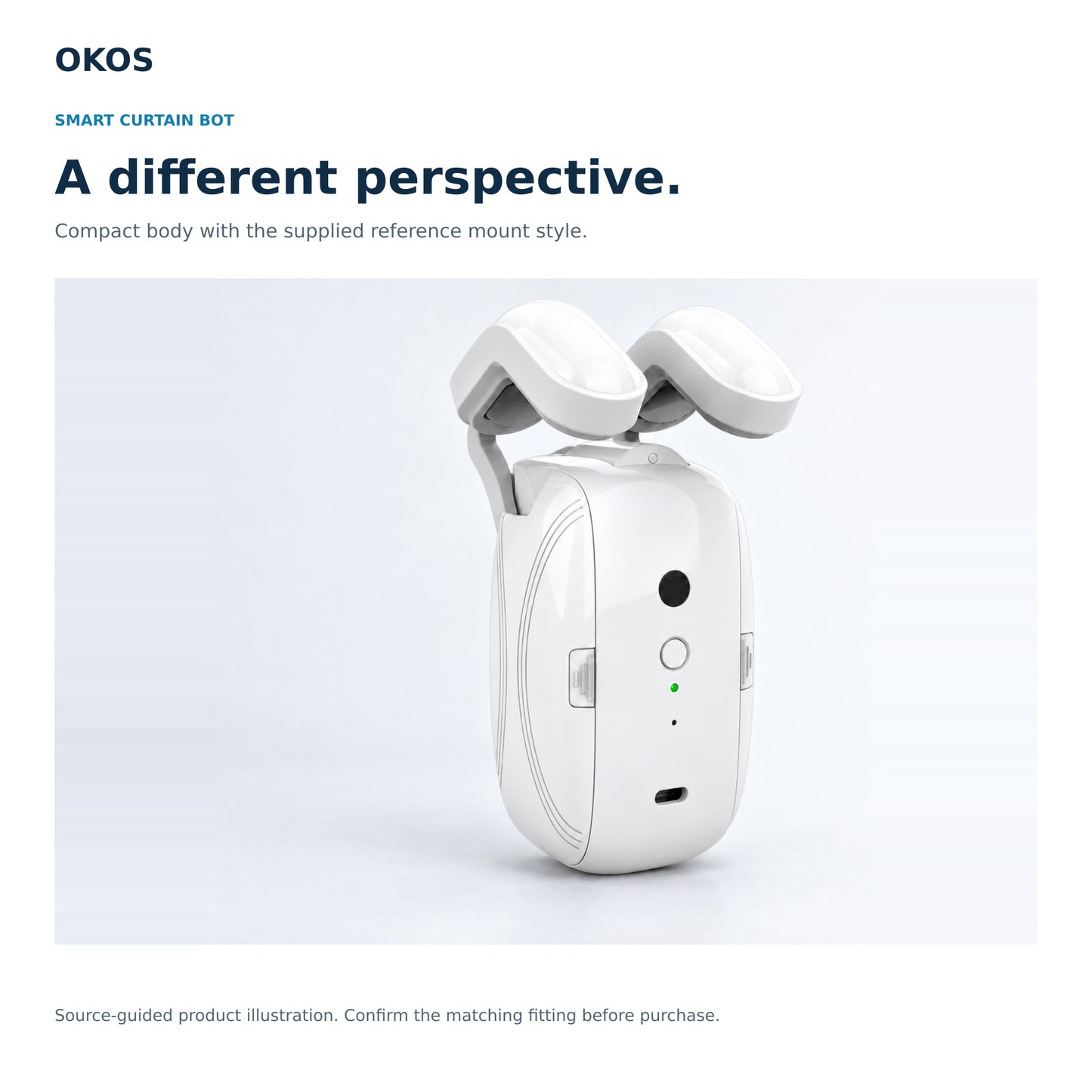 OKOS Smart Curtain Bot — source-guided hardware detail composition