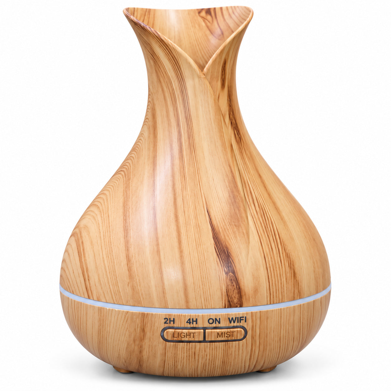 OKOS woodgrain-finish aroma diffuser with tulip-shaped opening and light band