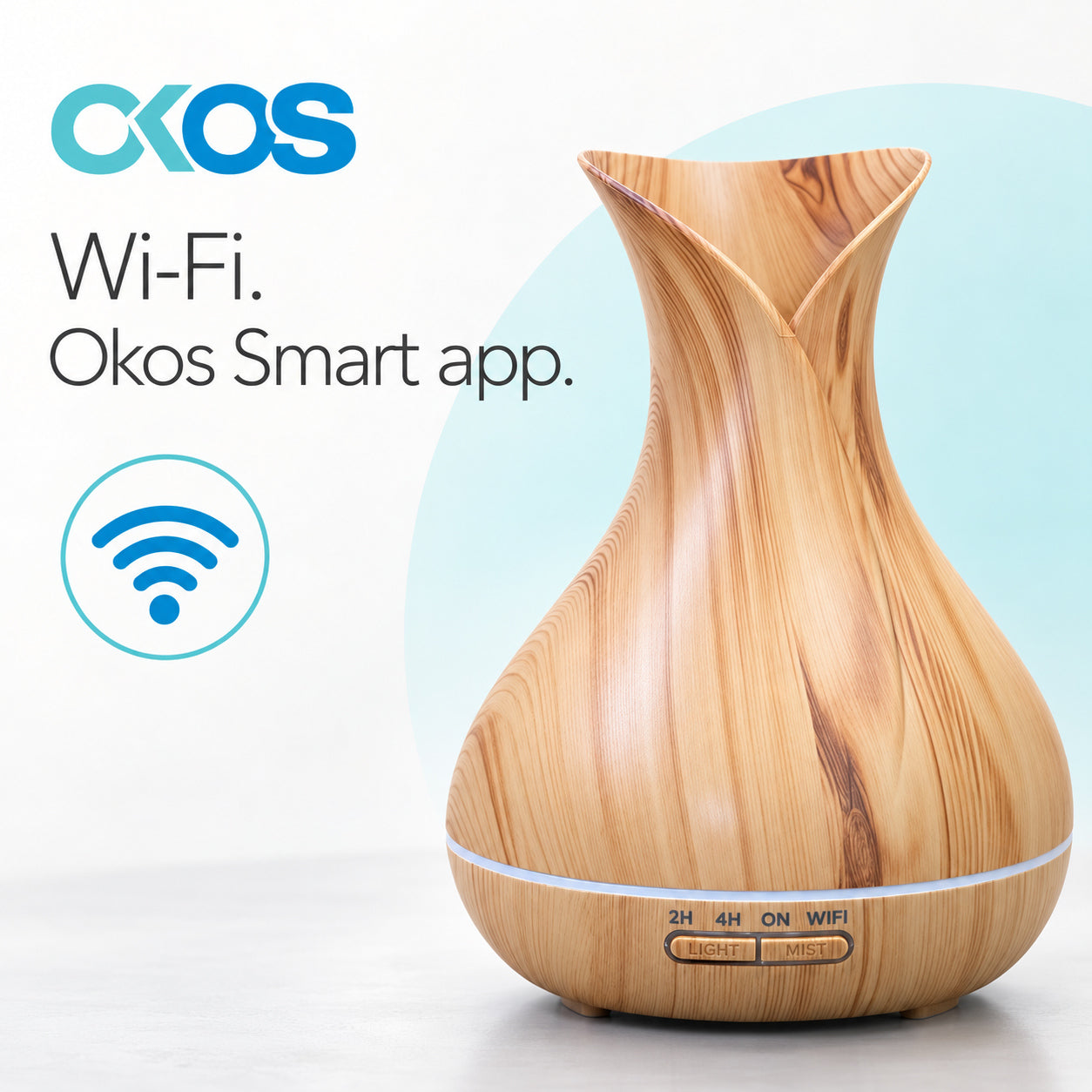 OKOS diffuser with Wi-Fi and Okos Smart app information