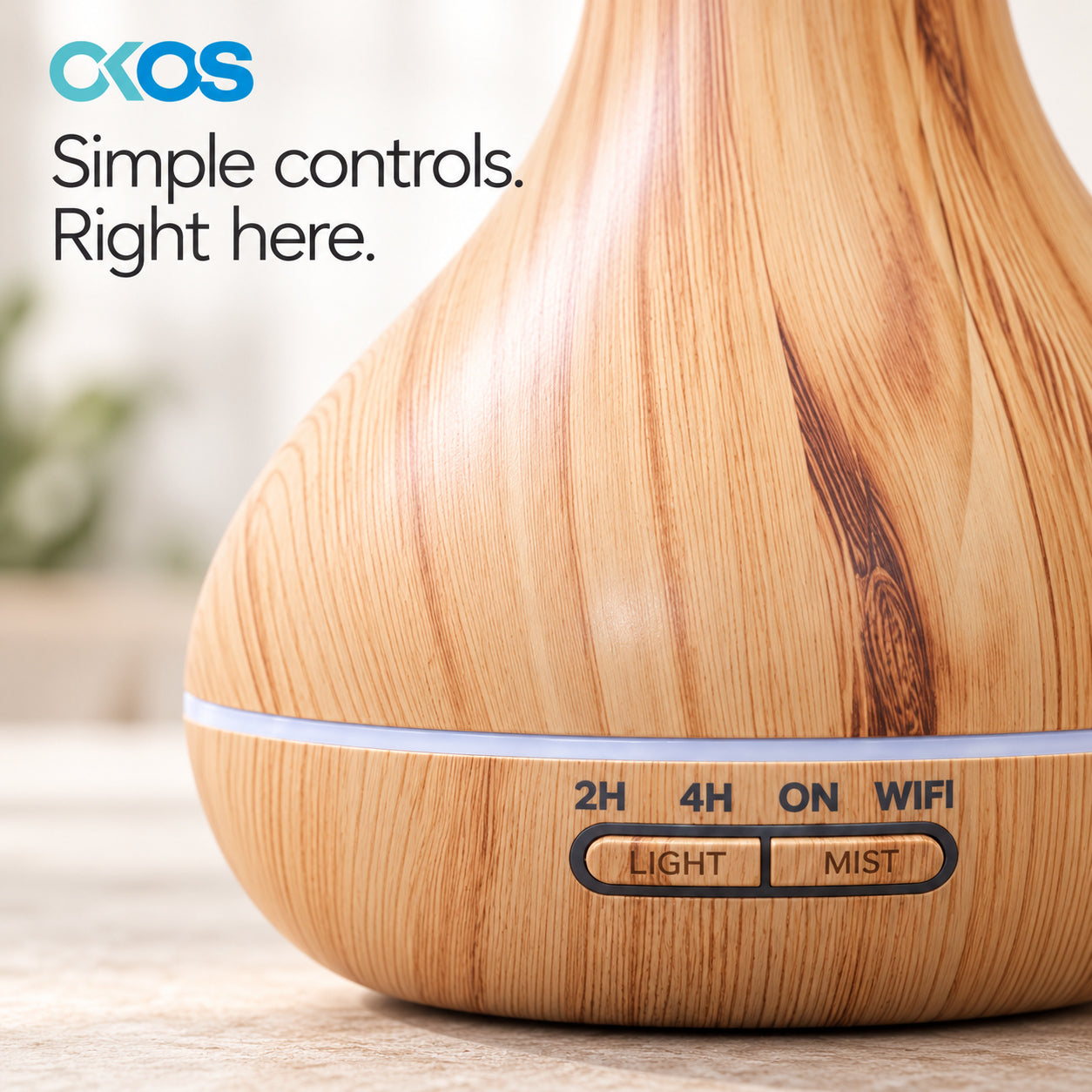 Diffuser LIGHT and MIST controls with 2H, 4H, ON and WIFI markings