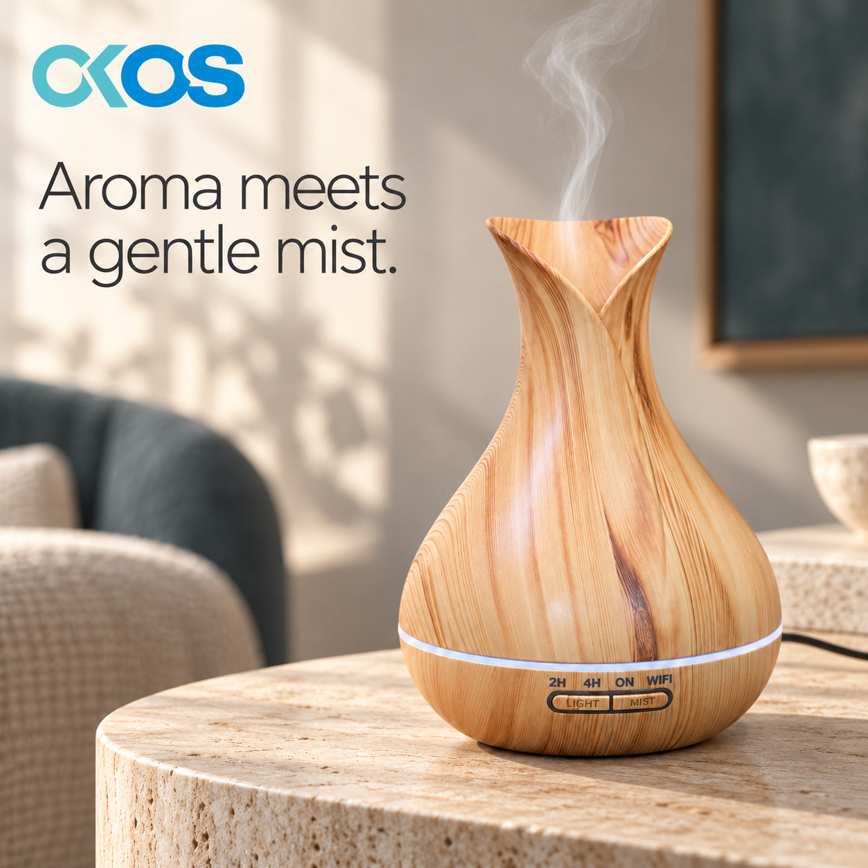 Aroma diffuser producing a gentle mist in a room setting