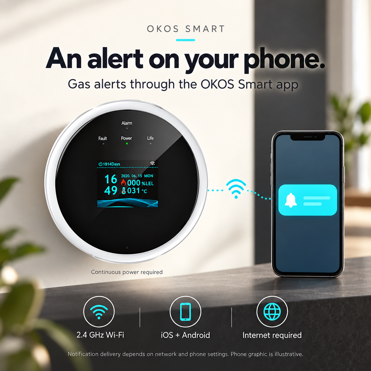 OKOS gas detector beside an illustrative phone showing gas alerts through Okos Smart.