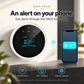 OKOS gas detector beside an illustrative phone showing gas alerts through Okos Smart.