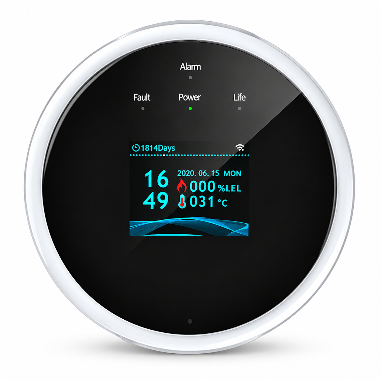 OKOS circular Wi-Fi gas leak detector with black display face and pale rim on a white background.