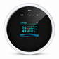 OKOS circular Wi-Fi gas leak detector with black display face and pale rim on a white background.