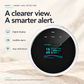OKOS gas detector with labels for its digital display, audible alarm and app notifications.