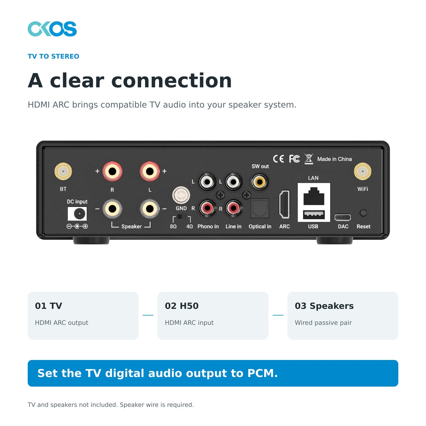 H50 rear panel and HDMI ARC connection guide with PCM TV-audio setting