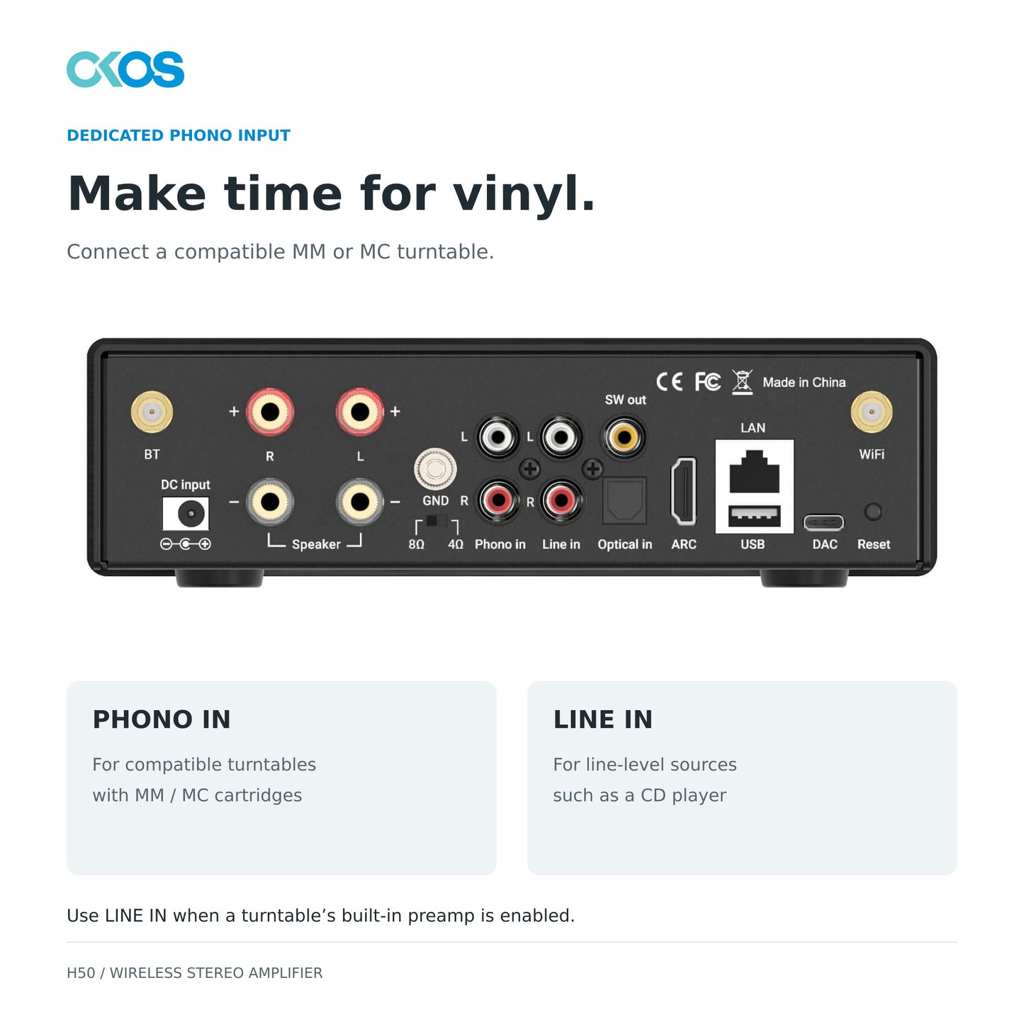 H50 phono and line inputs for compatible turntables and line-level sources