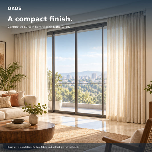 OKOS Nano Glide curtain track set — illustrated interior showing discreet motor placement at realistic scale