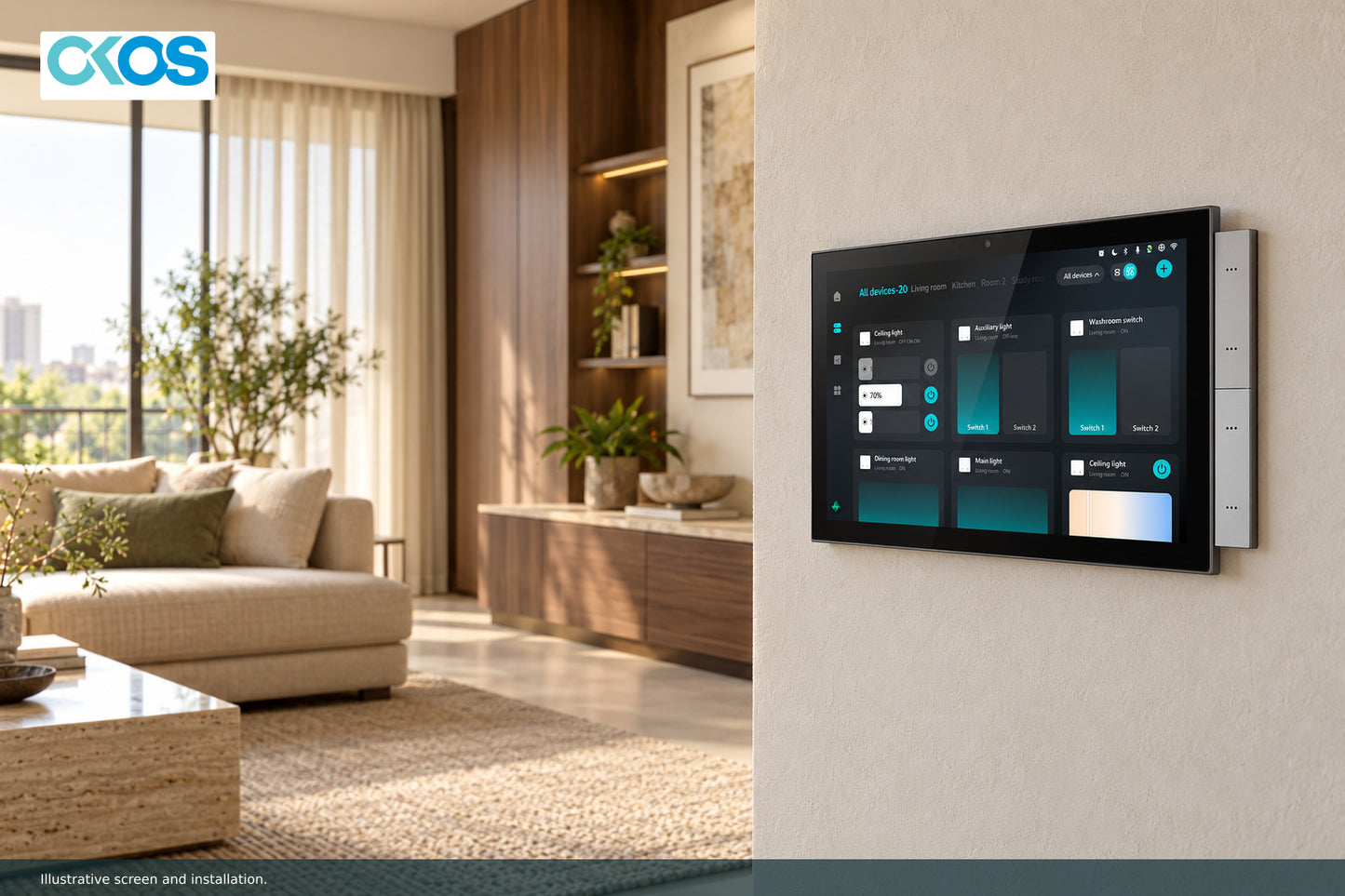 Illustrative OKOS panel installation beside a contemporary living room.