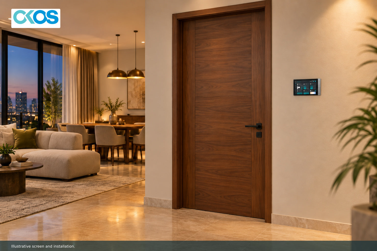 Illustrative full-room installation with the compact wall panel beside a doorway.
