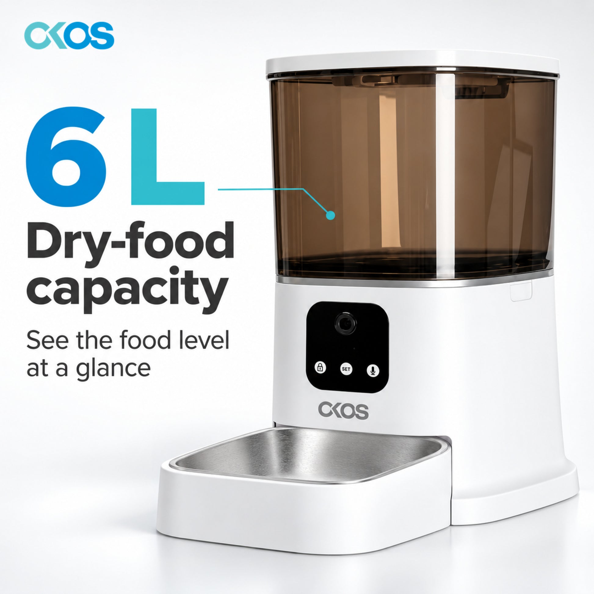 OKOS 6L translucent food hopper and stainless-steel feeding bowl