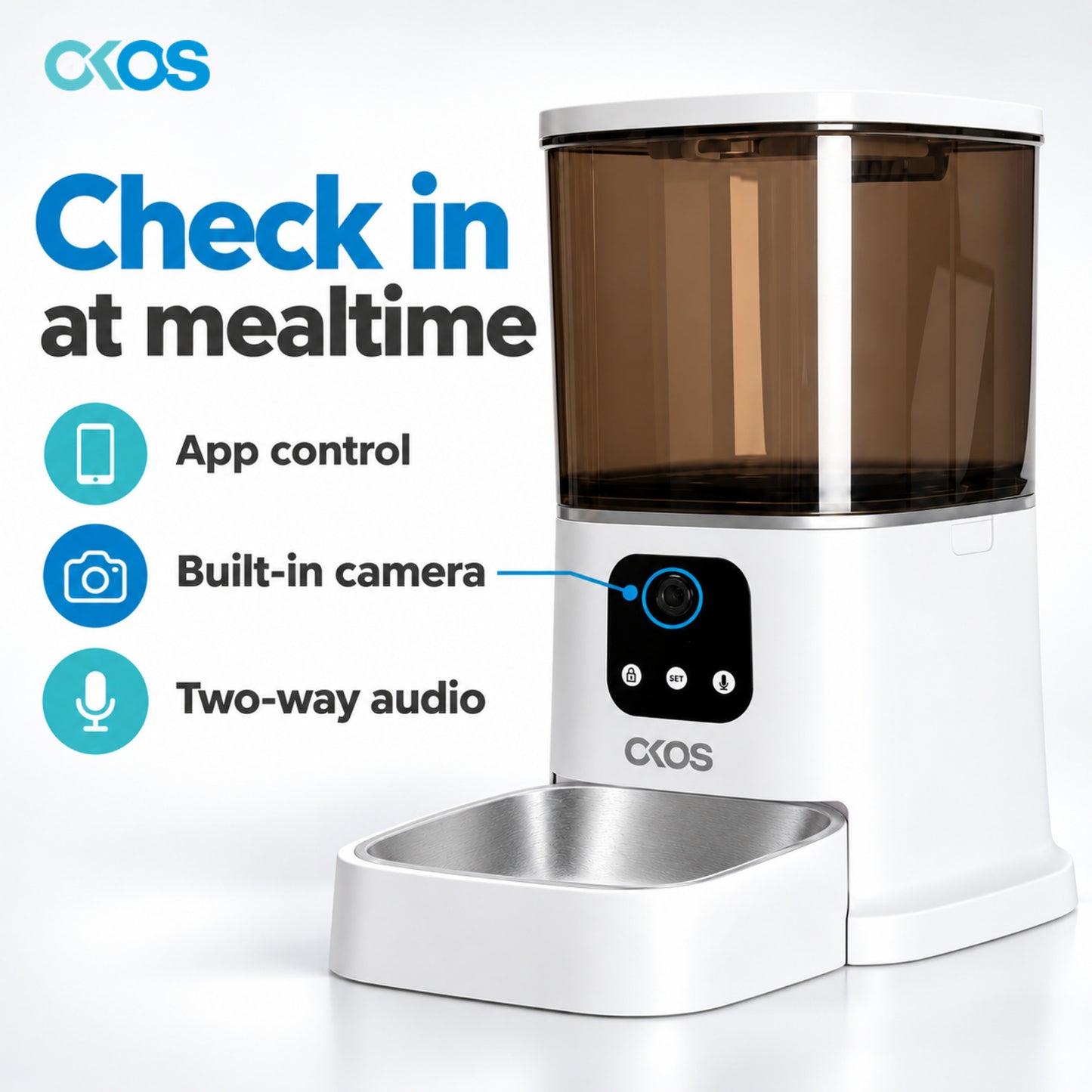 Single-camera OKOS pet feeder with app viewing and two-way audio