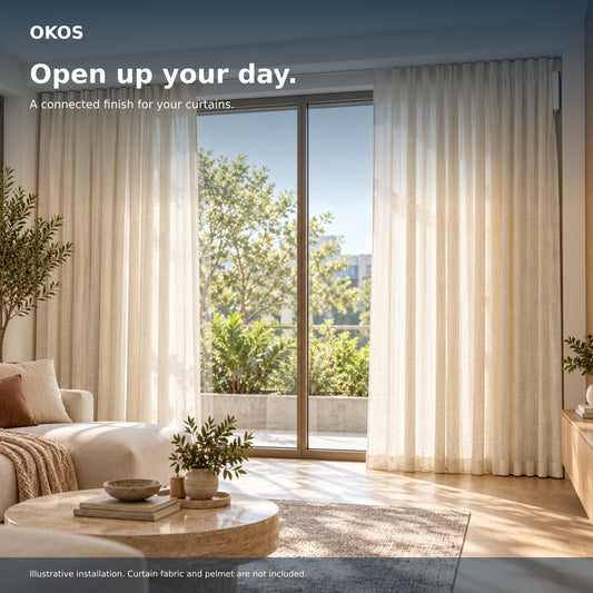 OKOS Prime Glide curtain track set — illustrated interior showing discreet motor placement at realistic scale