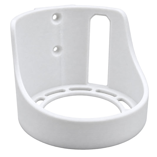 Matte-white 3D-printed PLA wall-mount holder with open-centre base and two mounting holes