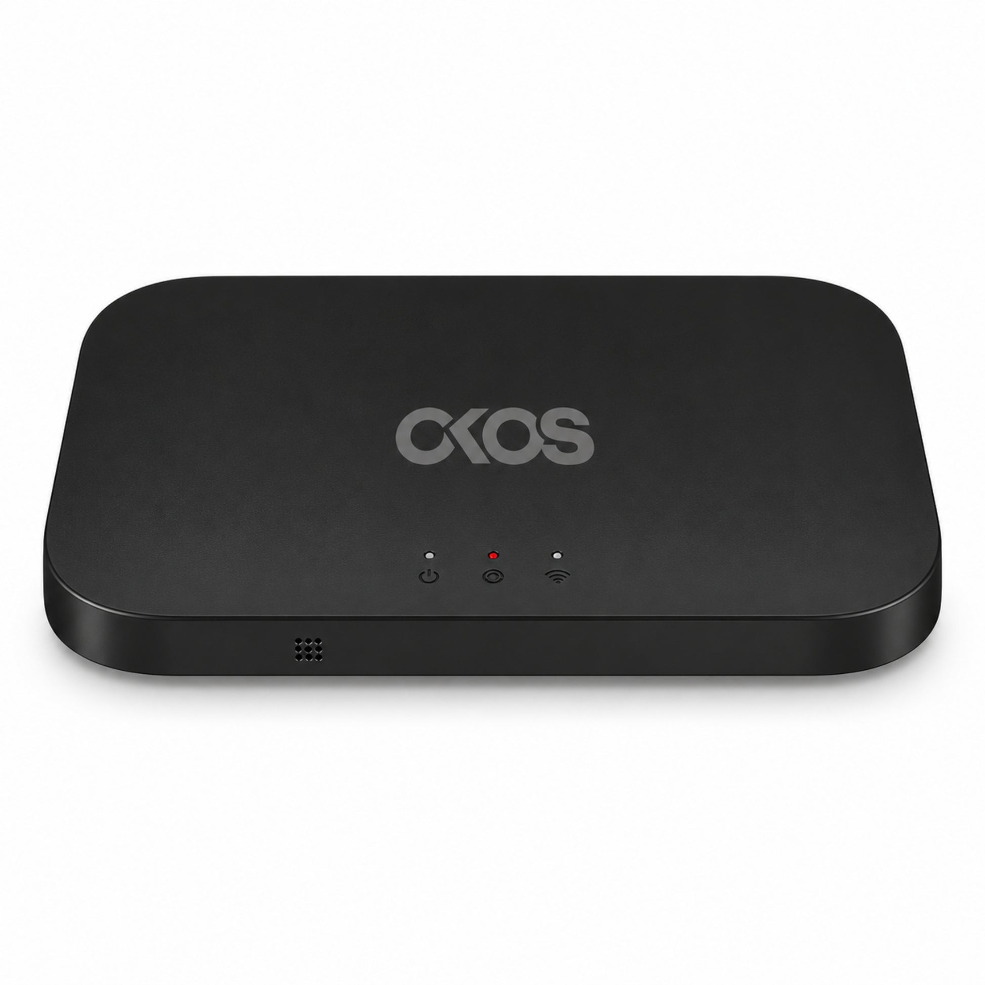 OKOS Smart TV Sync Box front view with microphone and Power, Mode and Wi-Fi indicators