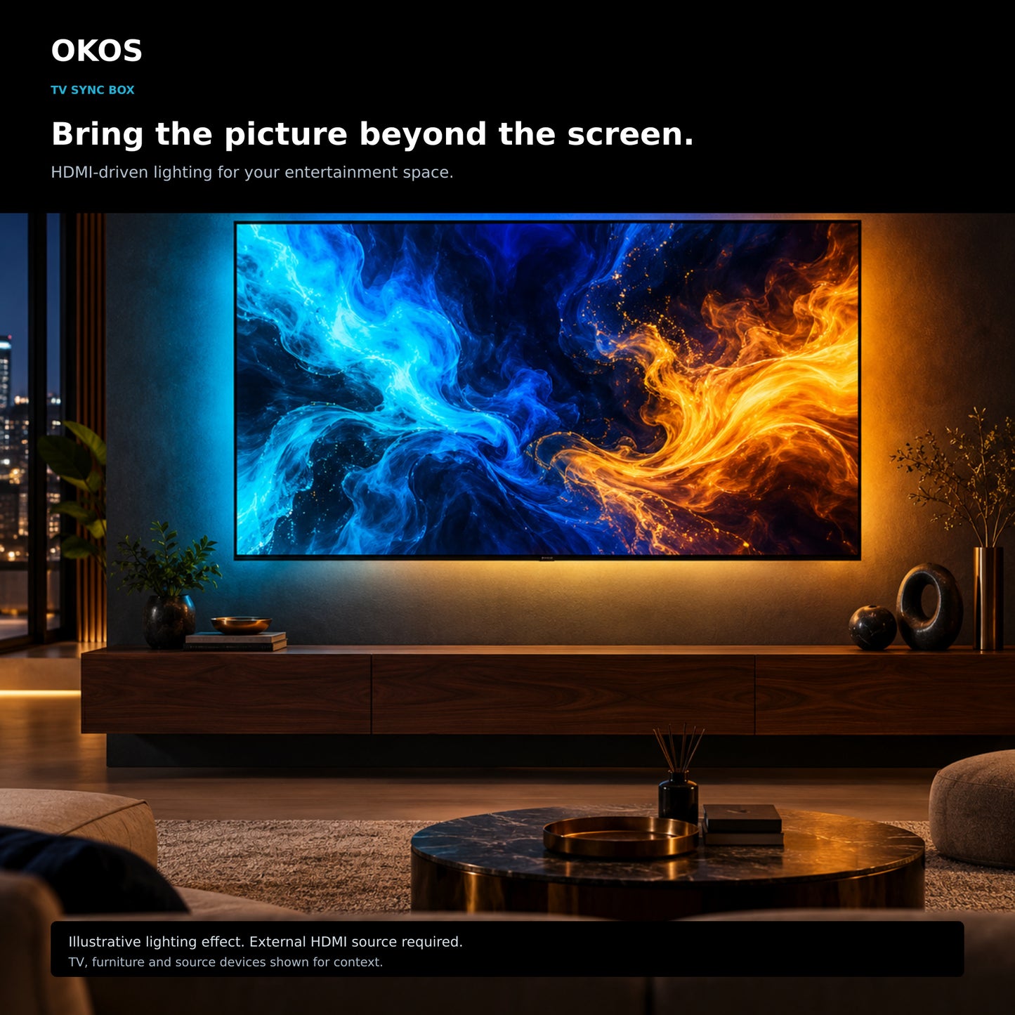 Cinematic living-room illustration showing screen-reactive multicolour TV backlighting