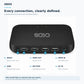 OKOS TV Sync Box rear connection guide showing Reset, HDMI input and output, SIDE and BOTTOM LED outputs and DC input