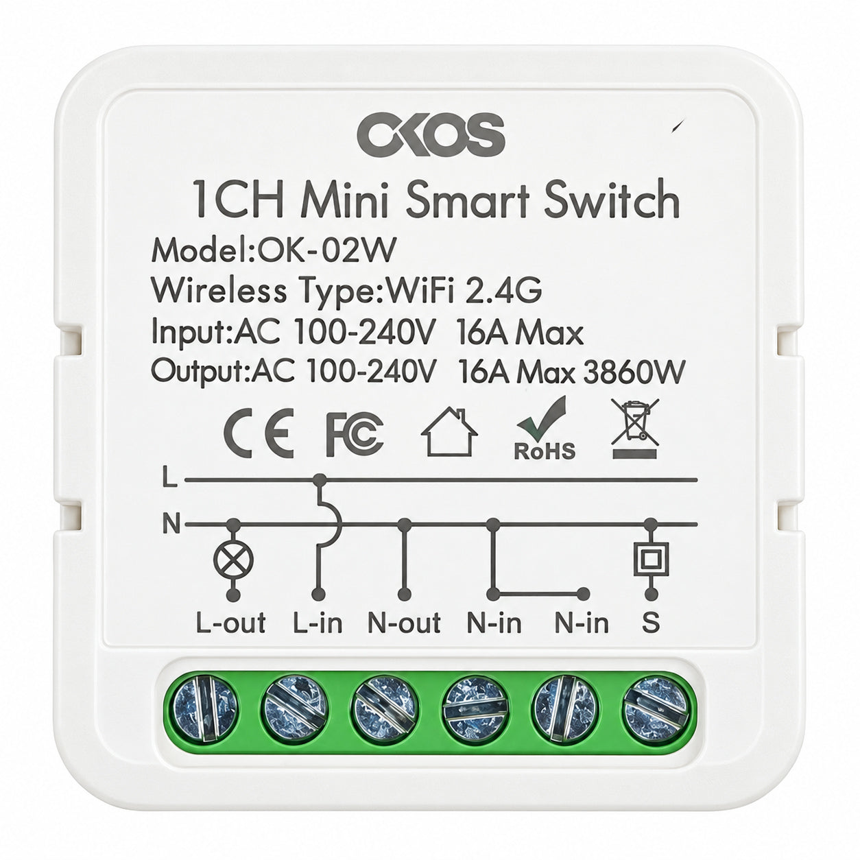OKOS 1-Gang Wi-Fi Smart Switch Module: Pure-white AI-assisted product hero