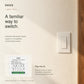 OKOS 1-Gang Wi-Fi Smart Switch Module: Finished-wall switch context with source-based AI-assisted product inset