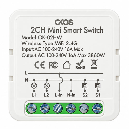 OKOS 2-Gang Wi-Fi Smart Switch Module: Pure-white AI-assisted product hero