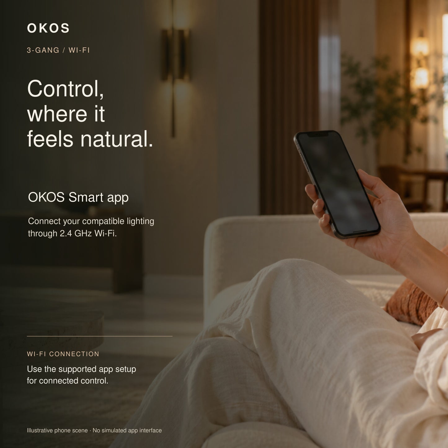OKOS 3-Gang Wi-Fi Smart Switch Module: Human app-control story with no fabricated screen