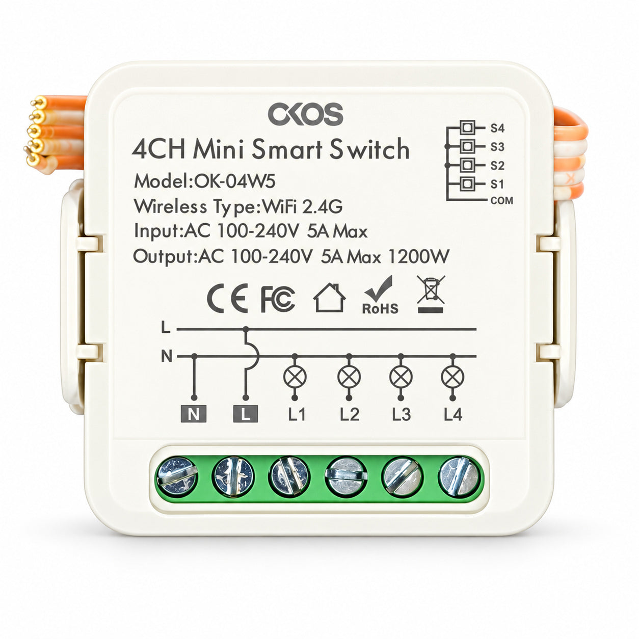 OKOS 4-Gang Wi-Fi Lighting Switch Module: Pure-white AI-assisted product hero