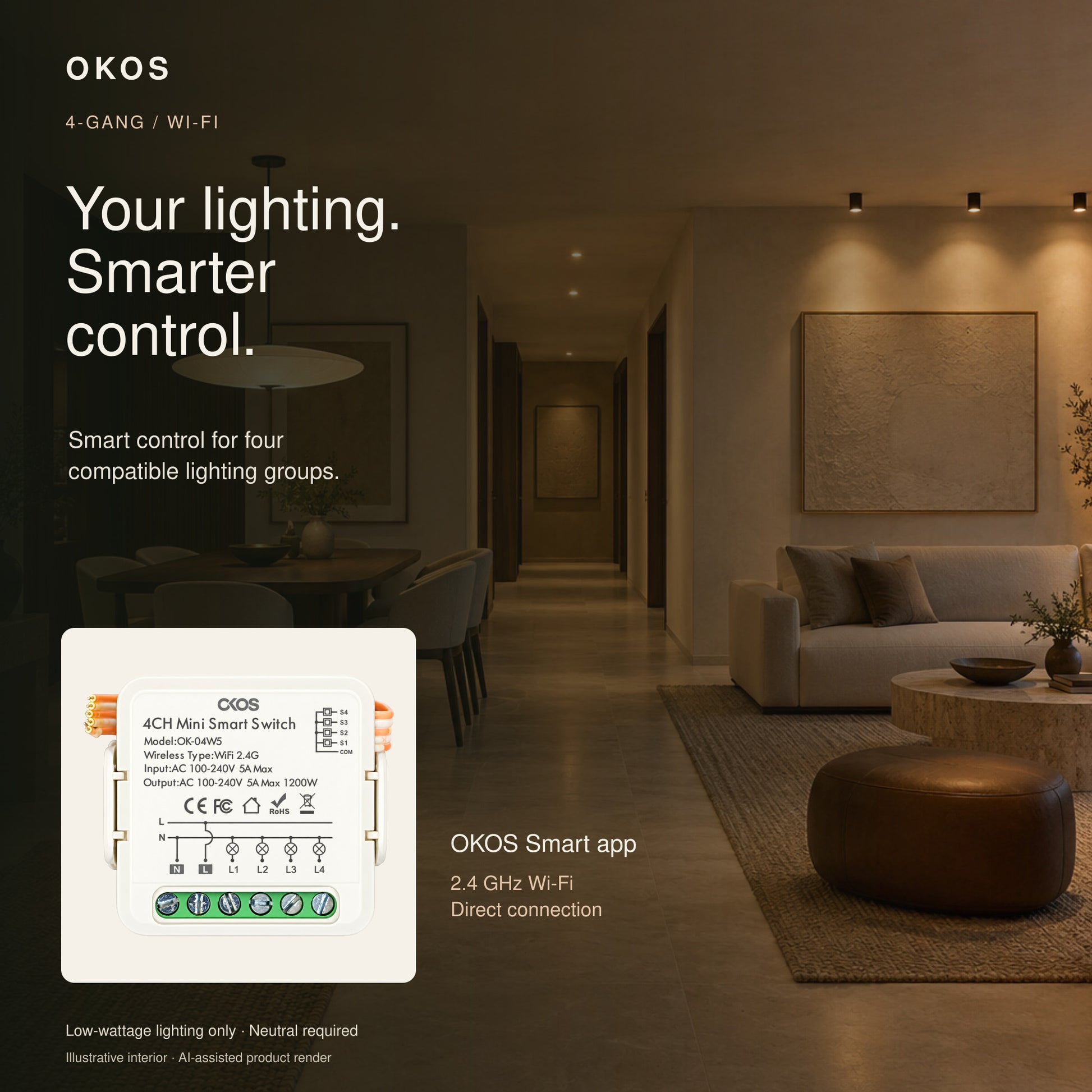 OKOS 4-Gang Wi-Fi Lighting Switch Module: Benefit-led architectural lifestyle hero