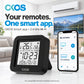 OKOS Wi-Fi IR controller beside an illustrative Okos Smart app screen for compatible infrared appliances.
