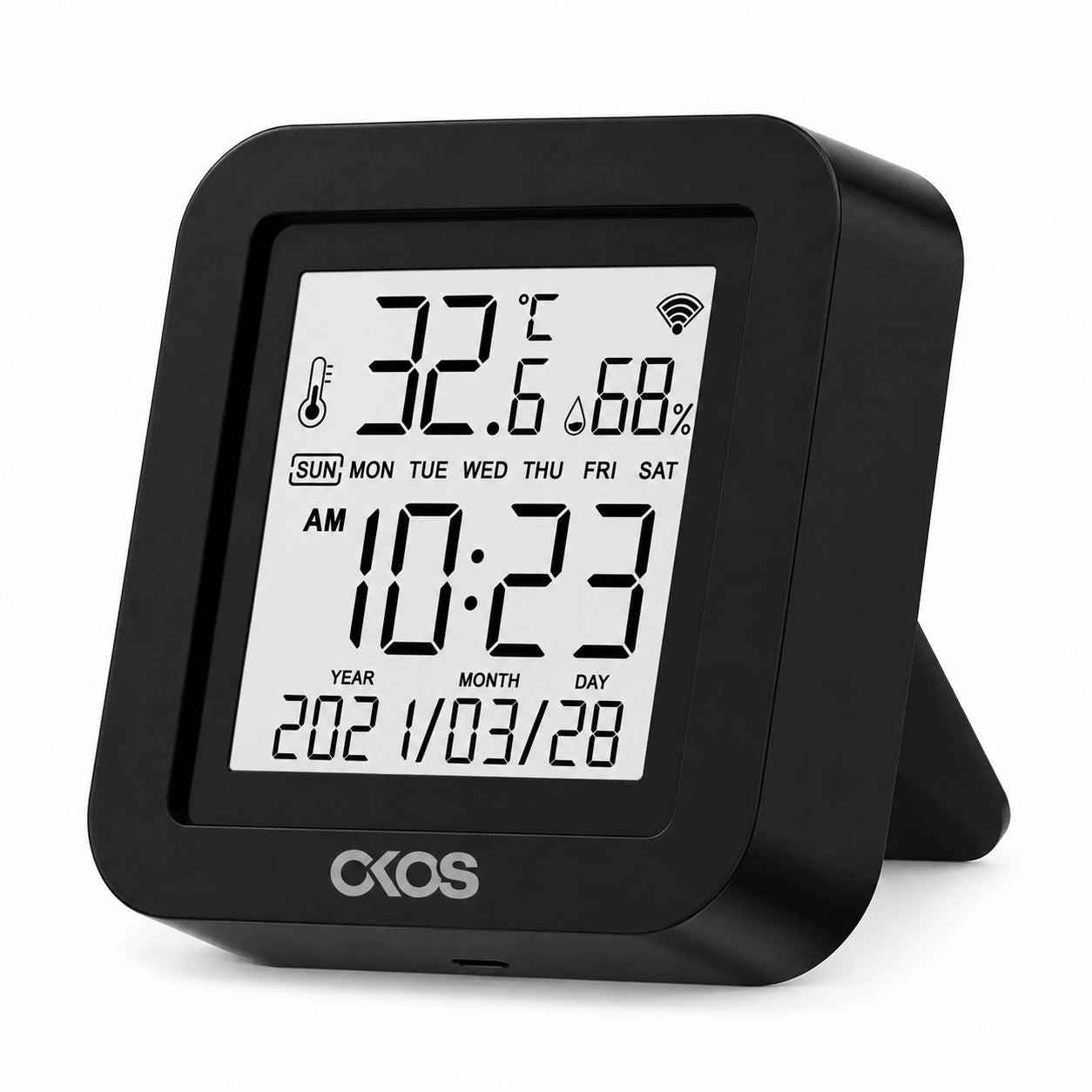 OKOS black tabletop Wi-Fi IR controller with temperature, humidity, clock and date display.