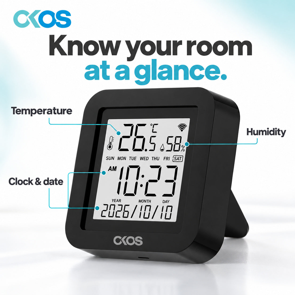 OKOS IR controller display with temperature, humidity, clock and date callouts.