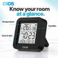 OKOS IR controller display with temperature, humidity, clock and date callouts.