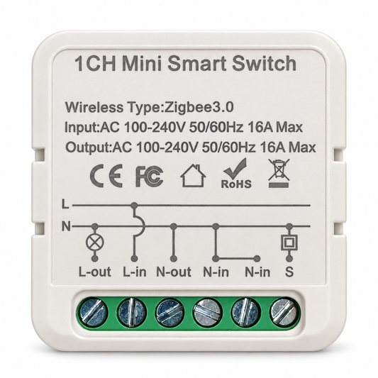 AI-assisted cleaned product image of the OKOS 1-gang Zigbee 3.0 lighting module, based on the supplied product photograph. Product image only, not a wiring guide.