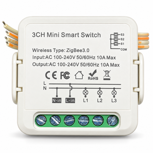 AI-assisted cleaned product image of the OKOS 3-gang Zigbee 3.0 lighting module, based on the supplied product photograph. Product image only, not a wiring guide.