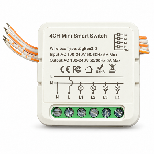 AI-assisted cleaned product image of the OKOS 4-gang Zigbee 3.0 lighting module, based on the supplied product photograph. Product image only, not a wiring guide.