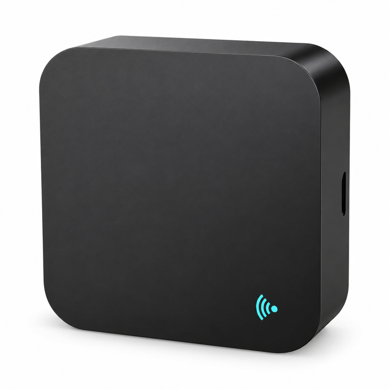 Black USB-powered Zigbee infrared remote controller with turquoise signal symbol